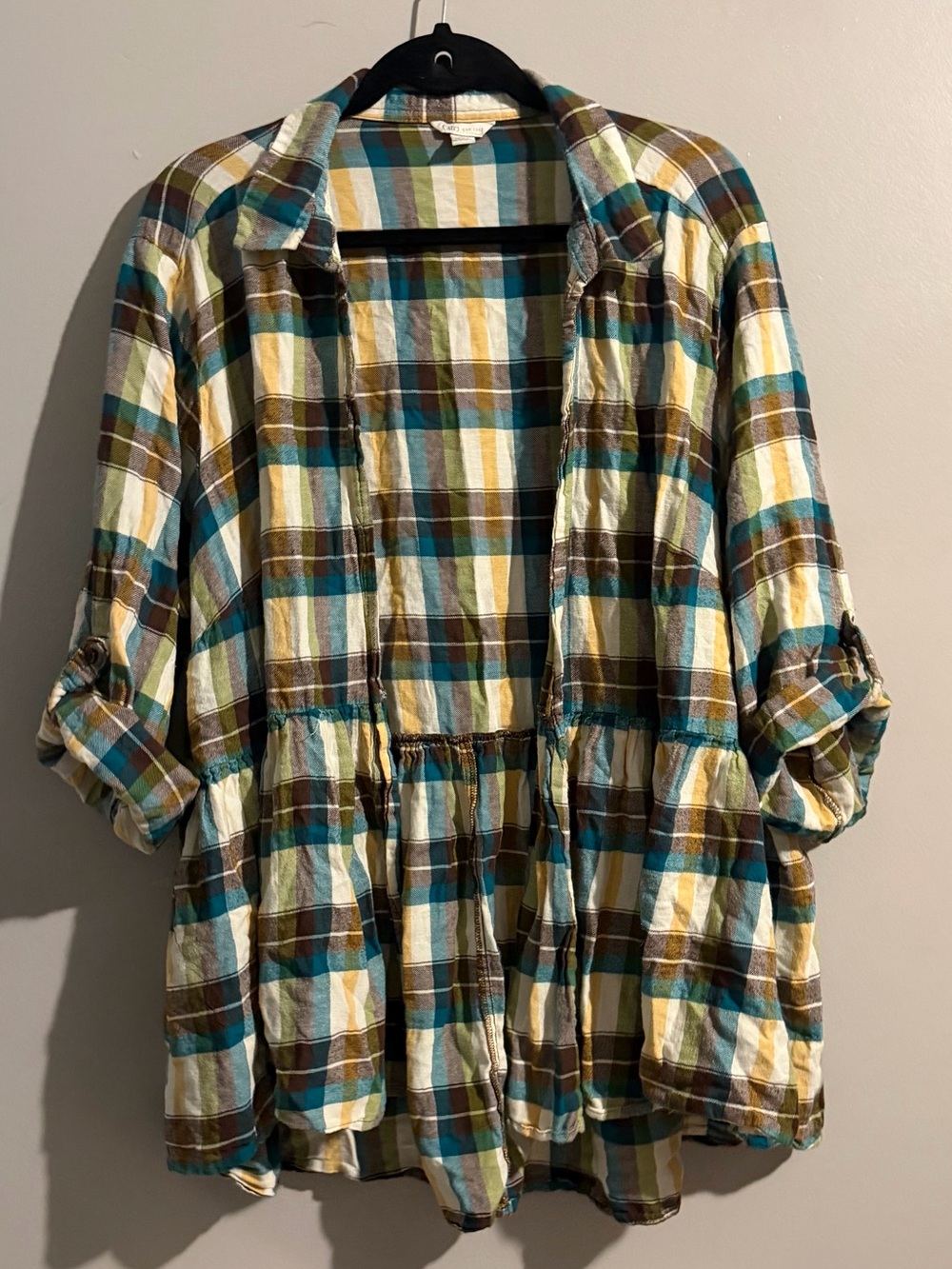 Cato Plaid Peplum Tunic Top Size 18/20W 100% Cotton Roll Tab Sleeve Boho